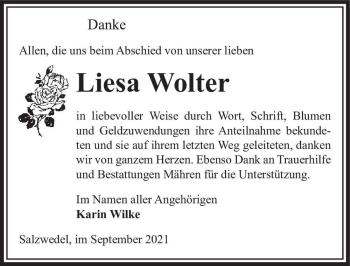 Traueranzeige von Liesa Wolter  von Magdeburger Volksstimme