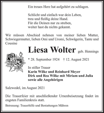 Traueranzeige von Liesa Wolter (geb. Hennings)  von Magdeburger Volksstimme