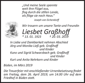 Traueranzeige von Liesbet Graßhoff  von Magdeburger Volksstimme