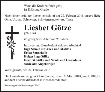 Traueranzeige von Liesbet Götze (geb. Bias)  von Magdeburger Volksstimme
