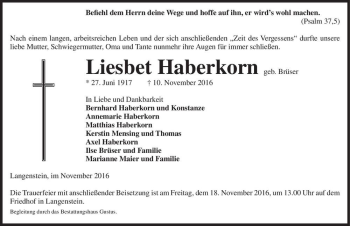 Traueranzeige von Liesbet Haberkorn (geb. Brüser)  von Magdeburger Volksstimme