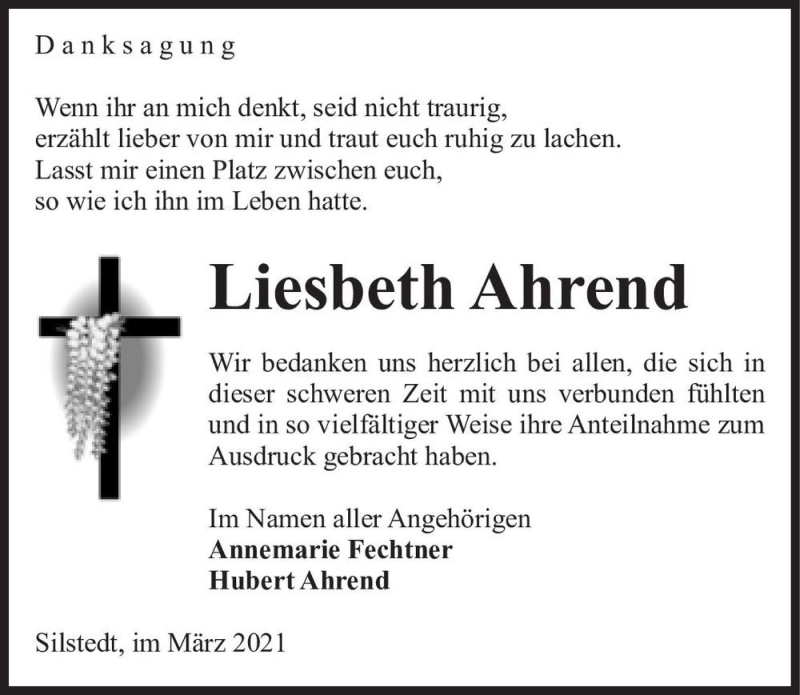  Traueranzeige für Liesbeth Ahrend  vom 20.03.2021 aus Magdeburger Volksstimme