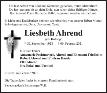Traueranzeige von Liesbeth Ahrend (geb. Kohlepp)  von Magdeburger Volksstimme