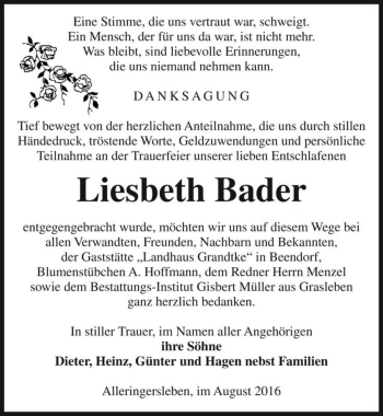 Traueranzeige von Liesbeth Bader  von Magdeburger Volksstimme