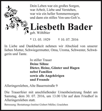 Traueranzeige von Liesbeth Bader (geb. Wöhlbier)  von Magdeburger Volksstimme