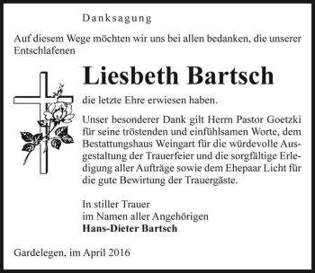 Traueranzeige von Liesbeth Bartsch  von Magdeburger Volksstimme