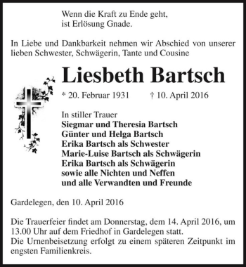 Traueranzeige von Liesbeth Bartsch  von Magdeburger Volksstimme