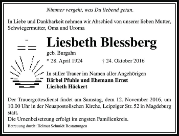 Traueranzeige von Liesbeth Blessberg (geb. Burgahn)  von Magdeburger Volksstimme