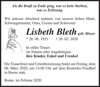 Traueranzeige von Liesbeth Bleth (geb. Meyer)  von Magdeburger Volksstimme