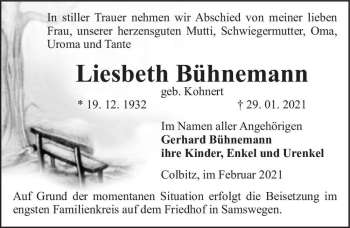 Traueranzeige von Liesbeth Bühnemann (geb. Kohnert)  von Magdeburger Volksstimme