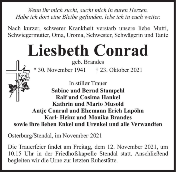Traueranzeige von Liesbeth Conrad (geb. Brandes)  von Magdeburger Volksstimme