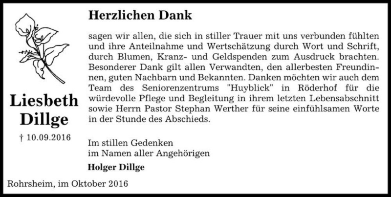  Traueranzeige für Liesbeth Dillge  vom 08.10.2016 aus Magdeburger Volksstimme