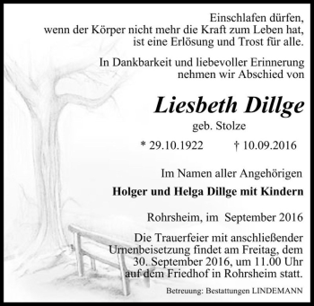 Traueranzeige von Liesbeth Dillge (geb. Stolze)  von Magdeburger Volksstimme
