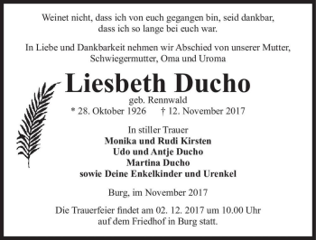 Traueranzeige von Liesbeth Ducho (geb. Rennwald)  von Magdeburger Volksstimme