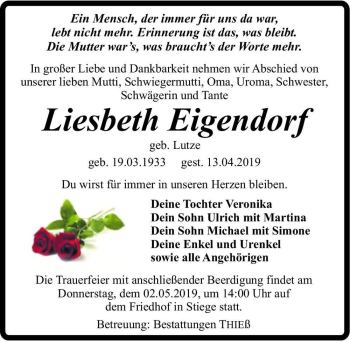 Traueranzeige von Liesbeth Eigendorf (geb. Lutze)  von Magdeburger Volksstimme