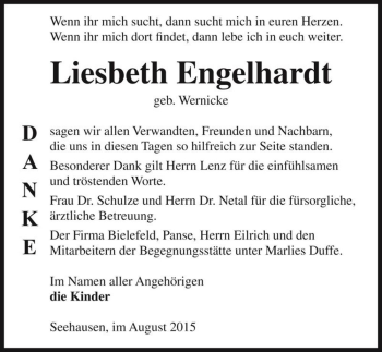 Traueranzeige von Liesbeth Engelhardt (geb. Wernicke)  von Magdeburger Volksstimme
