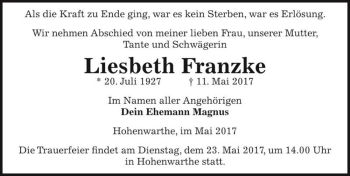 Traueranzeige von Liesbeth Franzke  von Magdeburger Volksstimme