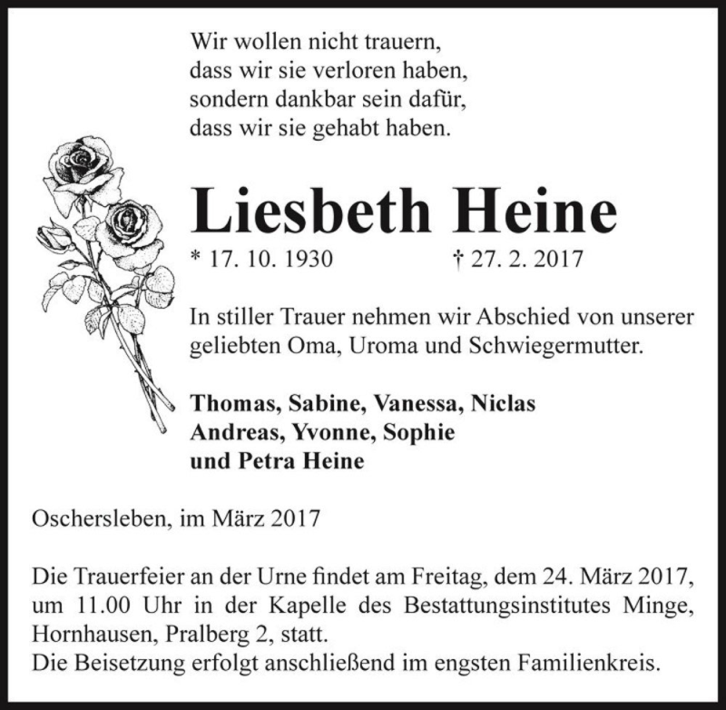  Traueranzeige für Liesbeth Heine  vom 18.03.2017 aus Magdeburger Volksstimme