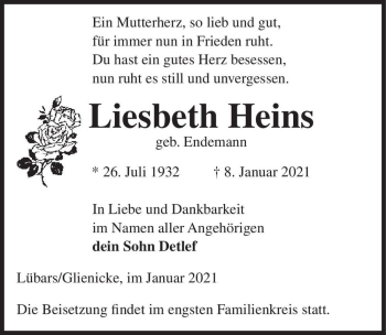 Traueranzeige von Liesbeth Heins (geb. Endemann)  von Magdeburger Volksstimme