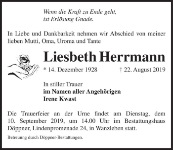 Traueranzeige von Liesbeth Herrmann  von Magdeburger Volksstimme