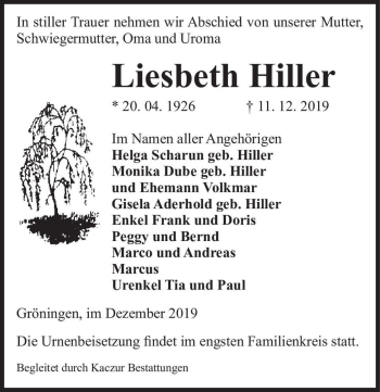 Traueranzeige von Liesbeth Hiller  von Magdeburger Volksstimme