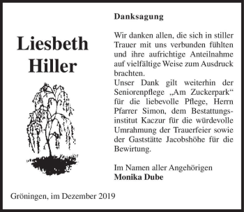 Traueranzeige von Liesbeth Hiller  von Magdeburger Volksstimme