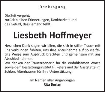 Traueranzeige von Liesbeth Hoffmeyer  von Magdeburger Volksstimme
