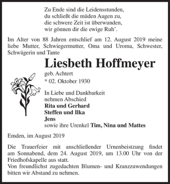 Traueranzeige von Liesbeth Hoffmeyer (geb. Achtert)  von Magdeburger Volksstimme