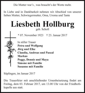 Traueranzeige von Liesbeth Hollburg (geb. Scholl)  von Magdeburger Volksstimme