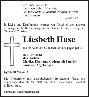 Traueranzeige von Liesbeth Huse  von Magdeburger Volksstimme