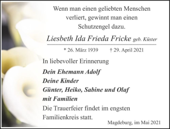 Traueranzeige von Liesbeth Ida Frieda Fricke (geb. Küster)  von Magdeburger Volksstimme