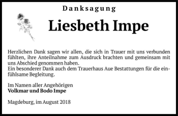 Traueranzeige von Liesbeth Impe  von Magdeburger Volksstimme
