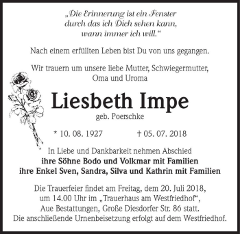 Traueranzeige von Liesbeth Impe (geb. Poerschke)  von Magdeburger Volksstimme