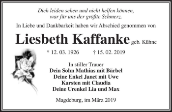 Traueranzeige von Liesbeth Kaffanke (geb. Kühne)  von Magdeburger Volksstimme