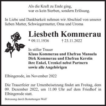 Traueranzeige von Liesbeth Kammerau  von Magdeburger Volksstimme