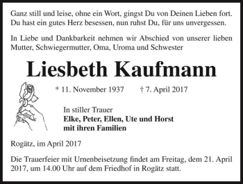 Traueranzeige von Liesbeth Kaufmann  von Magdeburger Volksstimme
