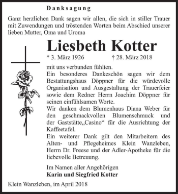 Traueranzeige von Liesbeth Kotter  von Magdeburger Volksstimme