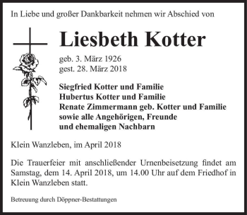 Traueranzeige von Liesbeth Kotter  von Magdeburger Volksstimme
