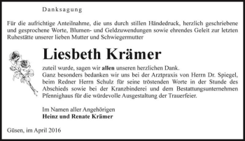 Traueranzeige von Liesbeth Krämer  von Magdeburger Volksstimme