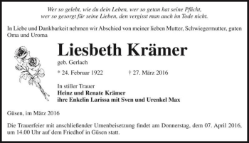 Traueranzeige von Liesbeth Krämer (geb. Gerlach)  von Magdeburger Volksstimme