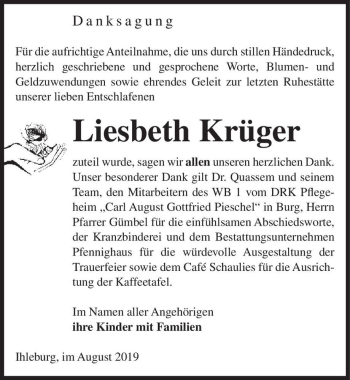 Traueranzeige von Liesbeth Krüger  von Magdeburger Volksstimme