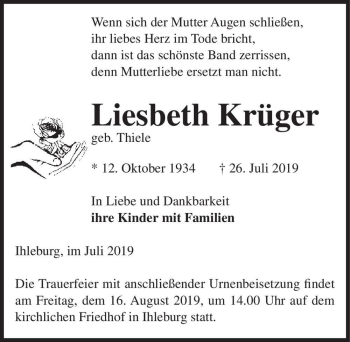 Traueranzeige von Liesbeth Krüger (geb. Thiele)  von Magdeburger Volksstimme