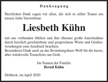 Traueranzeige von Liesbeth Kühn  von Magdeburger Volksstimme