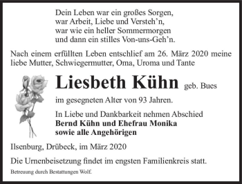 Traueranzeige von Liesbeth Kühn (geb. Bues)  von Magdeburger Volksstimme