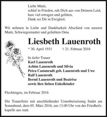 Traueranzeige von Liesbeth Lauenroth  von Magdeburger Volksstimme