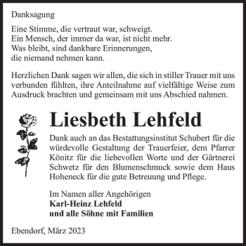 Traueranzeige von Liesbeth Lehfeld  von Magdeburger Volksstimme