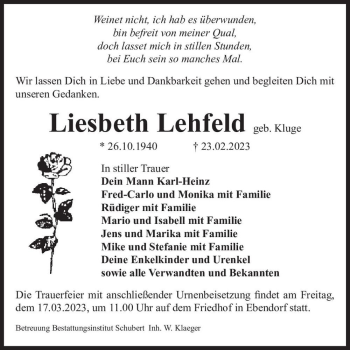 Traueranzeige von Liesbeth Lehfeld (geb. Kluge)  von Magdeburger Volksstimme
