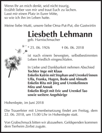 Traueranzeige von Liesbeth Lehmann (geb. Harnischmacher)  von Magdeburger Volksstimme