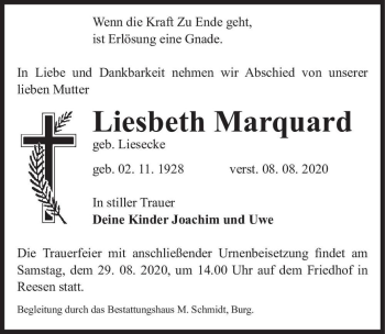 Traueranzeige von Liesbeth Marquard (geb. Liesecke)  von Magdeburger Volksstimme