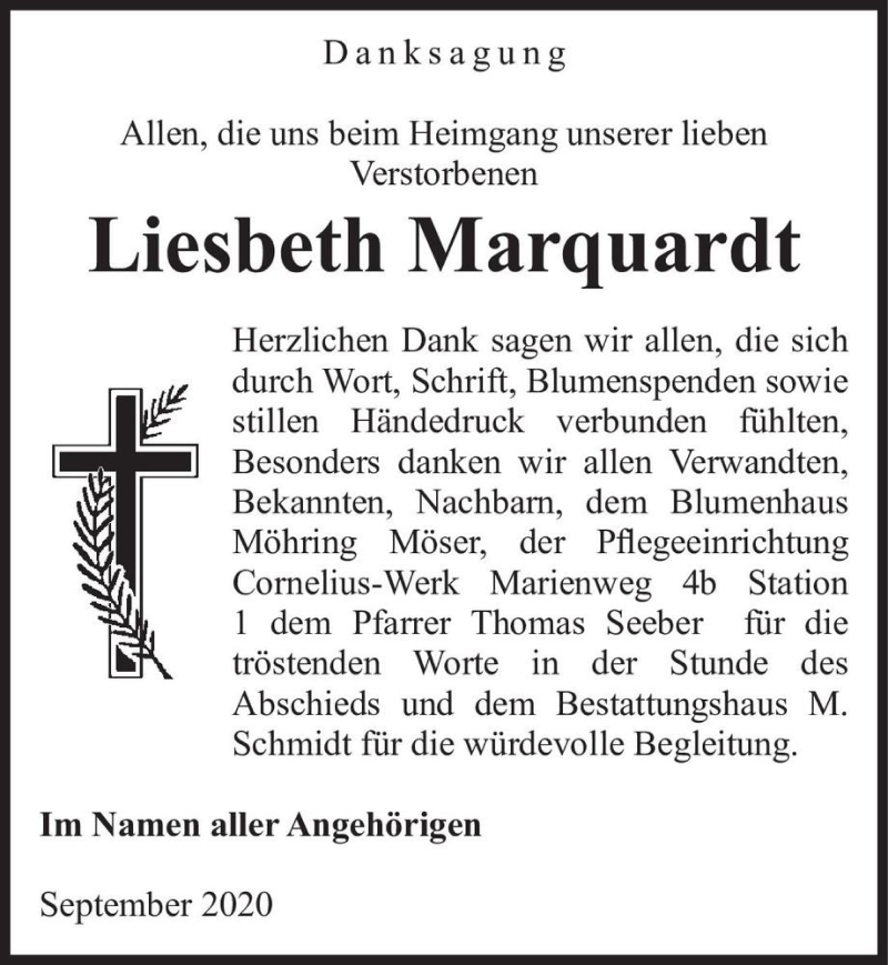  Traueranzeige für Liesbeth Marquardt  vom 12.09.2020 aus Magdeburger Volksstimme